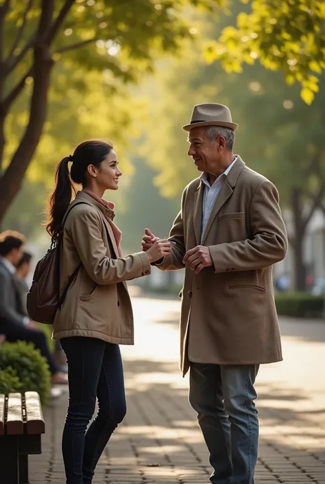 A nice young guy helping an old lady and a intelligent pretty young woman admiring and obsering him from the far sitting on a bench.