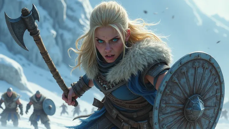 An angry, blonde, blue-eyed female Berserker warrior, with an axe in one hand and a shield in the other, in an attack position, against the backdrop of a mountainous and icy place, and several other warriors in combat