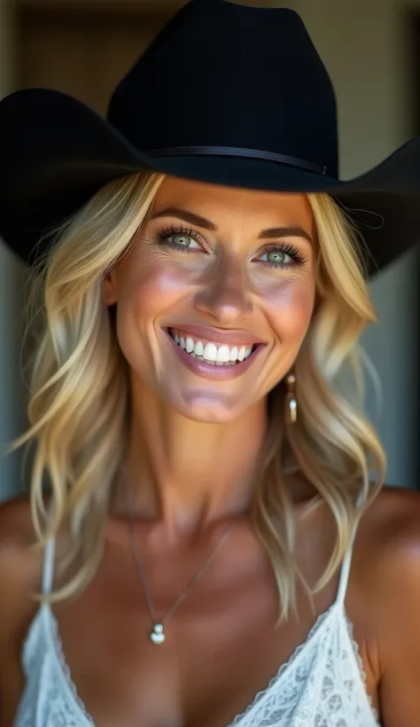 Magic style, FFS style face, Detailed skin
Close-up portrait,  of smiling american milf in black cowboy hat and white cowboy dress, perfect skin, detailed skin pores, realism style, perfect image, perfect body, perfect anatomy, sharp image, detailed image,...