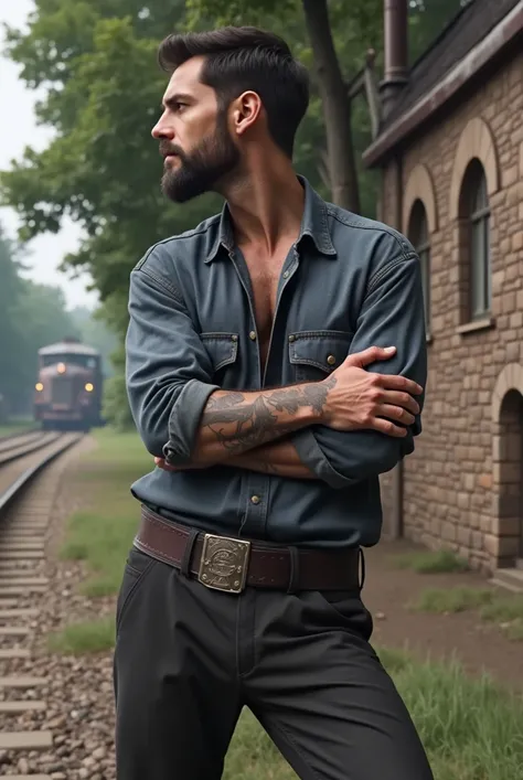  in an urban and natural environment    ,    near an old train station ( in the German-industrial architectural style of the 19th century ) with few people   ,    Under natural light   ,     with a stone wall background and a contrast of light  .