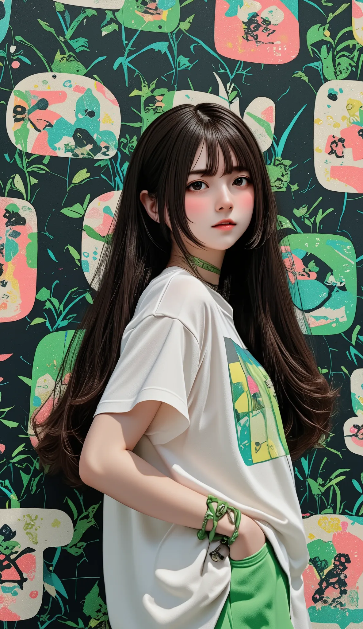 geometric pattern background:1.3、 dark color、 cute girl hair、 look away、white baggy ｔ shirt、プリント shirt、 loose closure 、retro、 be...