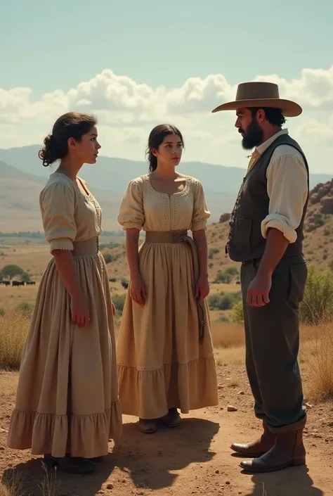 Create an image of 3 French emigrant women talking to a Uruguayan rancher 
