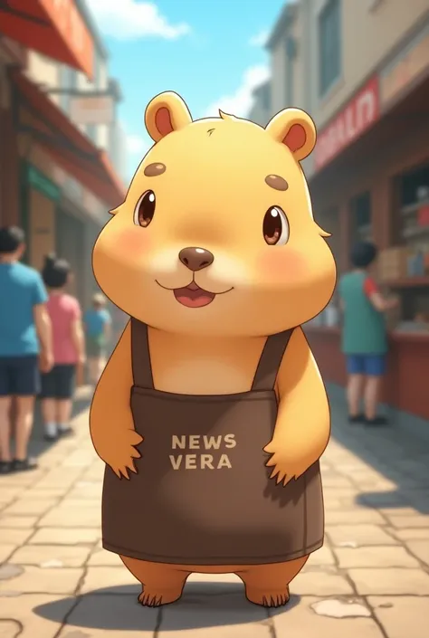 Capybara anime tender seller with apron that says on his apron News Vera
