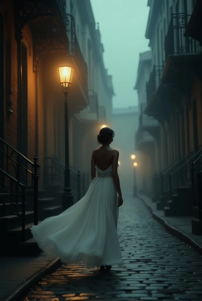 Woman in white with long dress walking on dark street illuminated by lamps. 