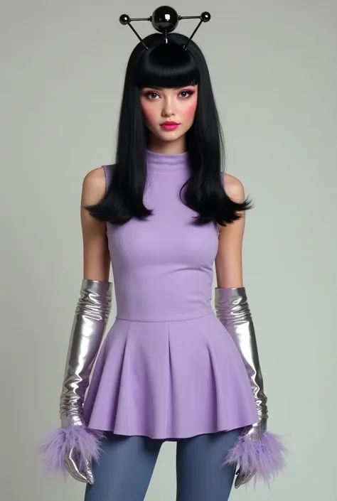 Create an image of a woman wearing a short loose sleeveless lilac dress with a high collar with feathers at the bottom, with blue tights , long silver gloves ,  black hair with bangs and 60s hairstyle , with makeup on the pink eye from the 60s , with an an...