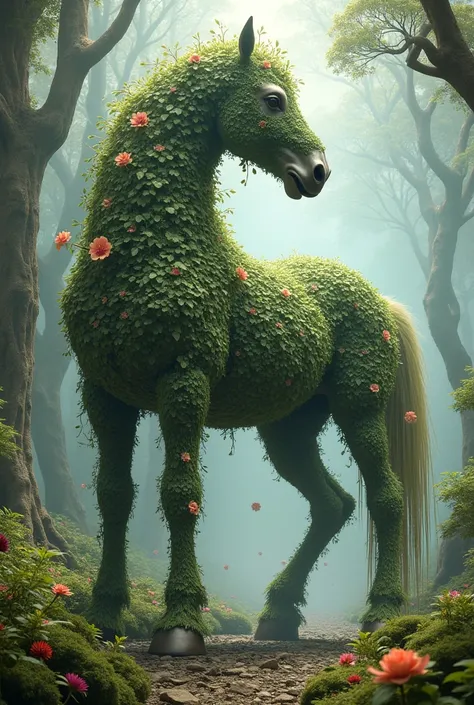 Imaginary giant horse with a body made of plants 