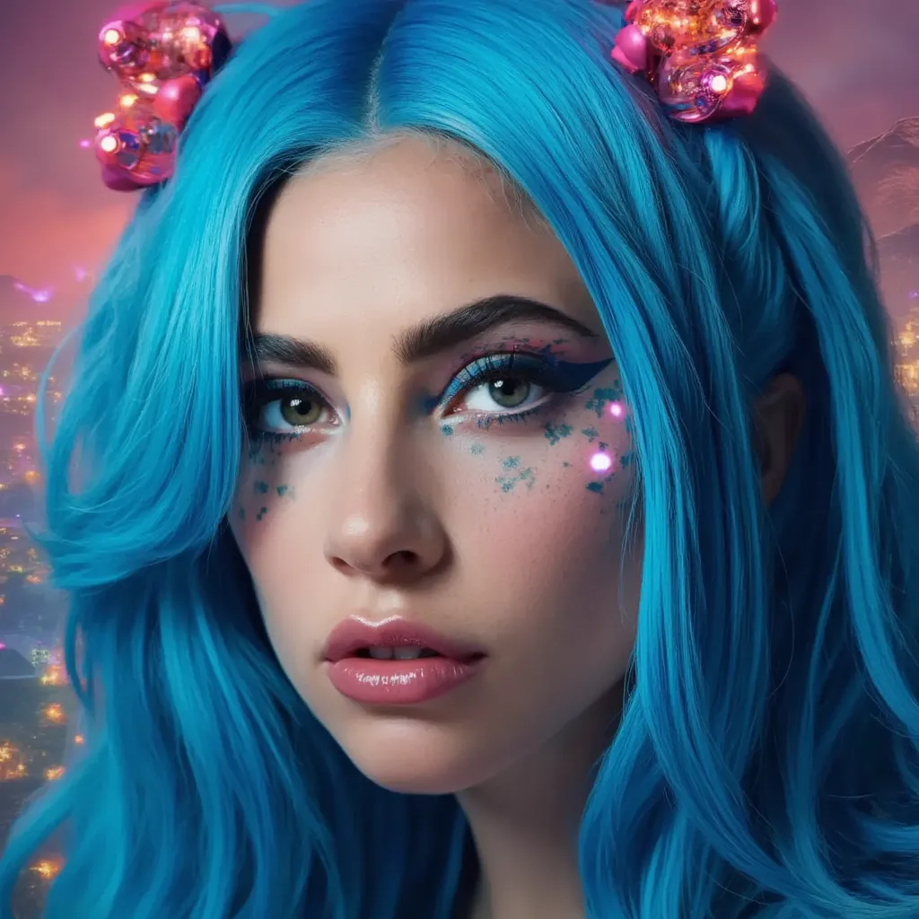 a close up of a lady gaga as jinx , cyberpunk art inspired by Jules Chéret, fantasy art, arcane jinx, jinx from league of legends, portrait of jinx from arcane, jinx from arcane, jinx face, jinx expression, league of legends character, league of legends ch...