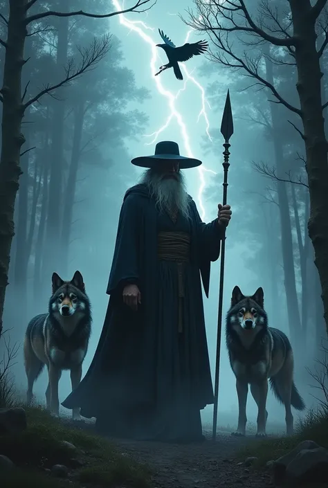 A depiction of Odin, the Allfather from Norse mythology, standing in a mystical Nordic forest under a stormy sky. He wears a wide-brimmed hat and a dark cloak, exuding an aura of wisdom and mystery. He holds his legendary spear, Gungnir, as his two ravens,...