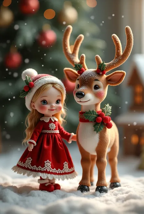 Christmas doll next to a Christmas reindeer