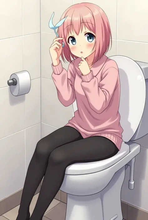 anime, young girls, black leggings, sit toilet, happy, fresh, 