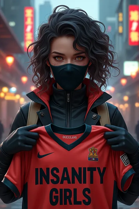 A woman wearing the womens first pass jersey from Free Fire with curly hair and a black mask that covers her mouth and the one with light brown eyes holding the name Insanity Girls on the front 