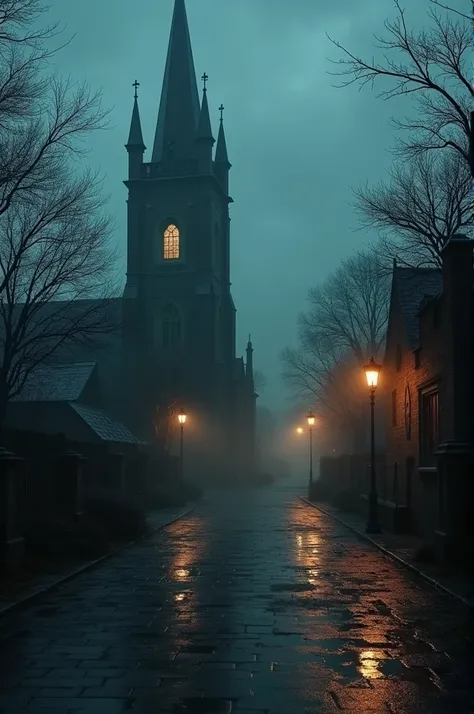  Rainy and dark landscape , Old street lamps.  Tower of a Gothic church , floor with puddles . leaden sky,  Old horror house where you can see light in the windows.  photography.  hyperrealism.   Movie Scene.  Dramatism. horror movie. 8K.