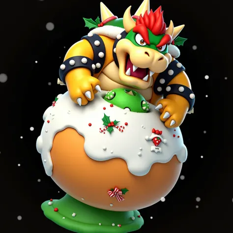  Christmas-themed slime image of the character Bowser between his feet a green slime, all Christmas-themed  