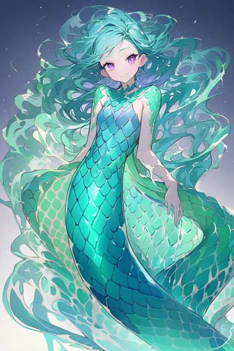 
, a mermaid girl with green-blue hair ,  gathered in a long long long tail ,  with purple eyes ,  with a bright smile ,  athletic build and scales all over her body and fins, instead of ears 