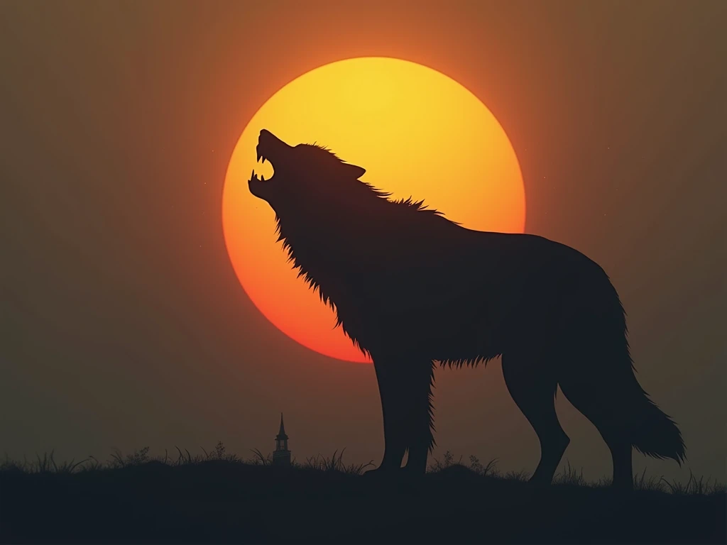  A minimalist design by Sköll ,  a gigantic wolf , devouring the sun .  The figure of the wolf must be an imposing silhouette ,  with its jaws open engulfing a glowing sphere that represents the sun.  The sky fades from dull orange to dark gray ,  showing ...