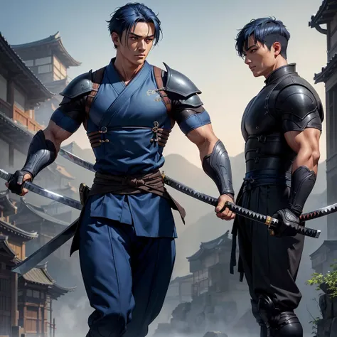 high quality, Best image quality, masterpiece, male ronin, short Blue Hair, thin, Show the whole body, Brown Eyes, ((Muscular)), Fighting pose, high quality, Beautiful art, ((high technology village background)), Visual Arts, Written boundary depth, Best l...