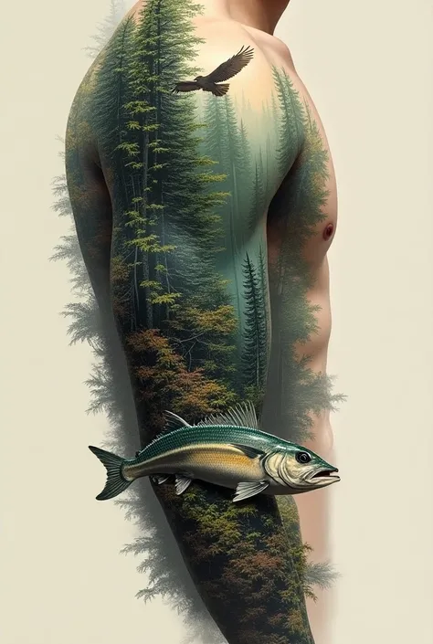  You can get a tattoo all over my arm,  with forest tetatiaca with , a mackerel and an eagle in realistic style 