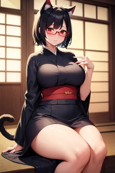  high definition , masterpiece, accurate,  anatomically correct,  best quality,  very detailed , 1 person, Short Hair ,  black hair, Cat ears, Cat tail、Glasses、chubby、Busty、Mature Woman、Yukata、 sexy、 embarrassed 、blush、Red Eye、Japanese-style room、sit