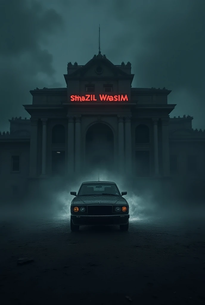  A car is stand In front of a building the background is dark and gloomy the car is stand in front of the building and a name "Shazil Wasim is written in the building 