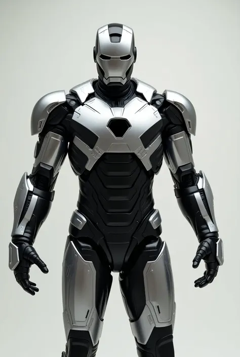  iron man armor,silver and black color , as if you are a prototype , Alone,a man,  helmet with a mouth opening with a black visor