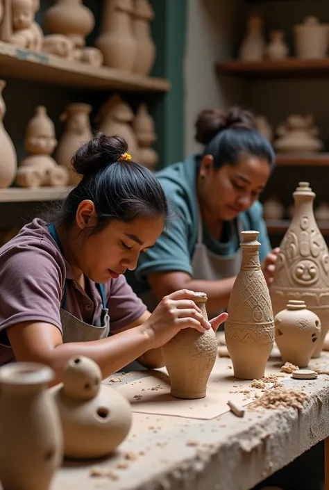 Group of artisans , currently, making the sculptures of the Moche culture in a workshop in Peru. Let the sculptures be vessels, animals, etc.