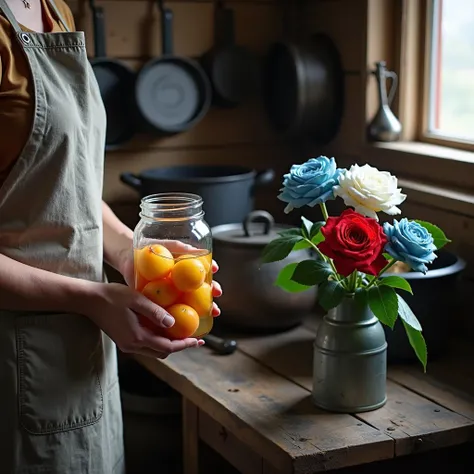 " A close up of the hands of a woman wearing a simple apron ,  carefully holding a canning glass filled with peaches in golden syrup.  in the cozy interior of a modest rural house ,  with a wood stove in the background ,  where iron pots hang on hooks on t...