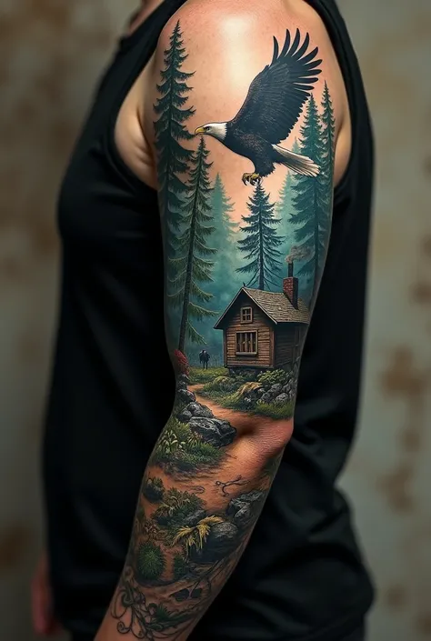  You can get a tattoo all over my arm, It has a forest tetatiaca with a cabin and an eagle in realistic style 