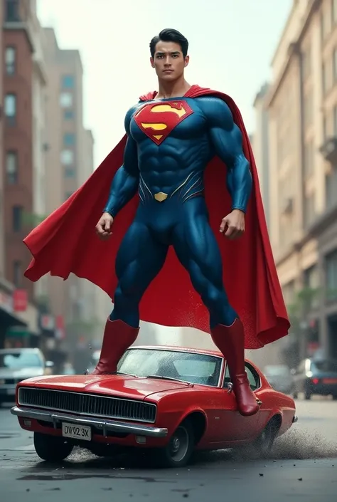 superman has asian thai face.guy who wearing superman suit look at camera . superman use his red boots to crush the car. and stop the car.