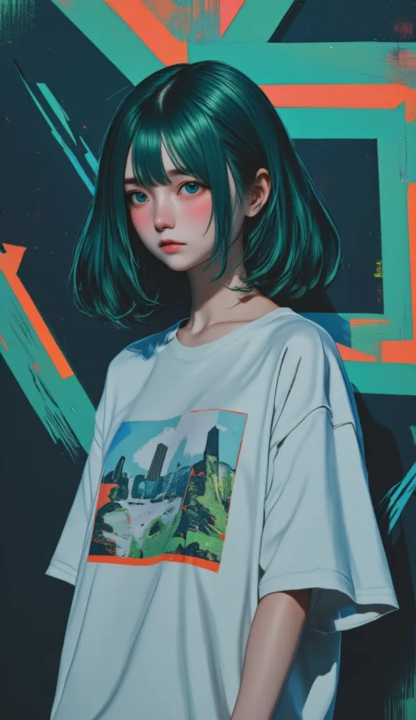 anime style、 anime style、geometric pattern background:1.3、 dark color、 perfect anatomy、 cute girl hair、 look away、white baggy ｔ ...