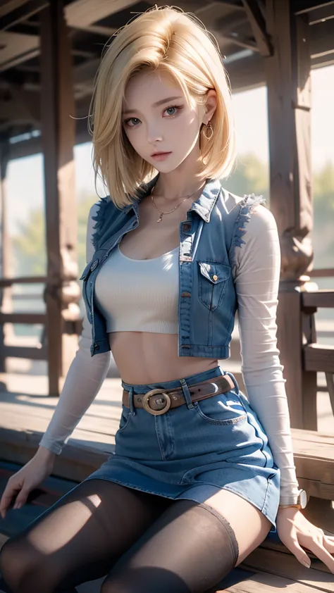  wearing a female Dragon Ball Z female character , Android No. 18 ,  Light yellow hair , Wear shaggy cut hair ,  wear a very short blue H line blue skirt, Wear a short blue vest ,  The colors of the blue skirt and blue vest match ,  wearing a light black h...