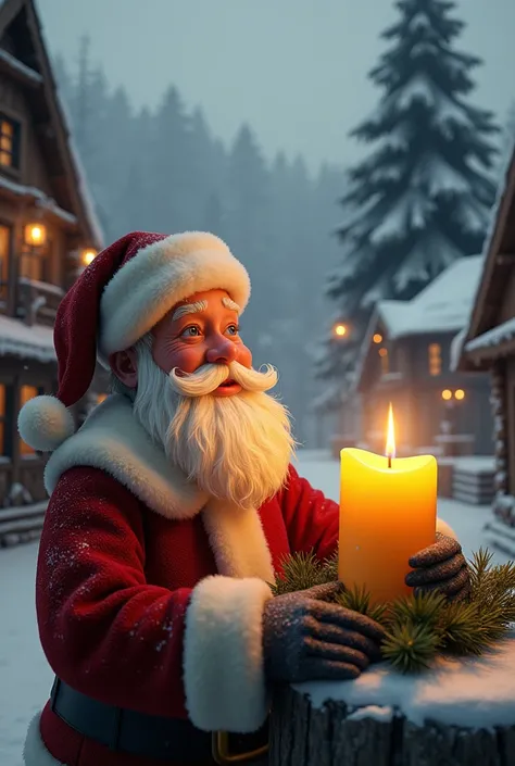 realistic image of Santa Claus staring at a large yellow candle . decorated Nordic village background tree .Nordic snowy village background  