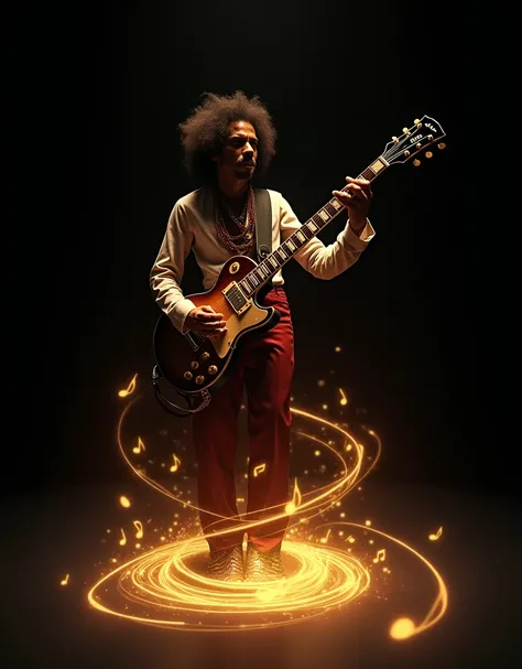 Jimi Hendrix playing guitar in the dark .  bright golden notes and musical patterns spiraling into the sky from your feet and they are lighting you up warmly.  simple black background .   Minimalism .