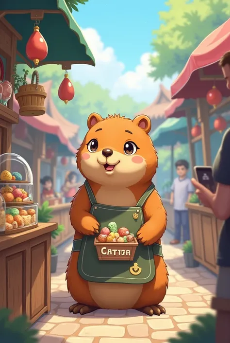 Capybara anime seller with apron that says on his apron

