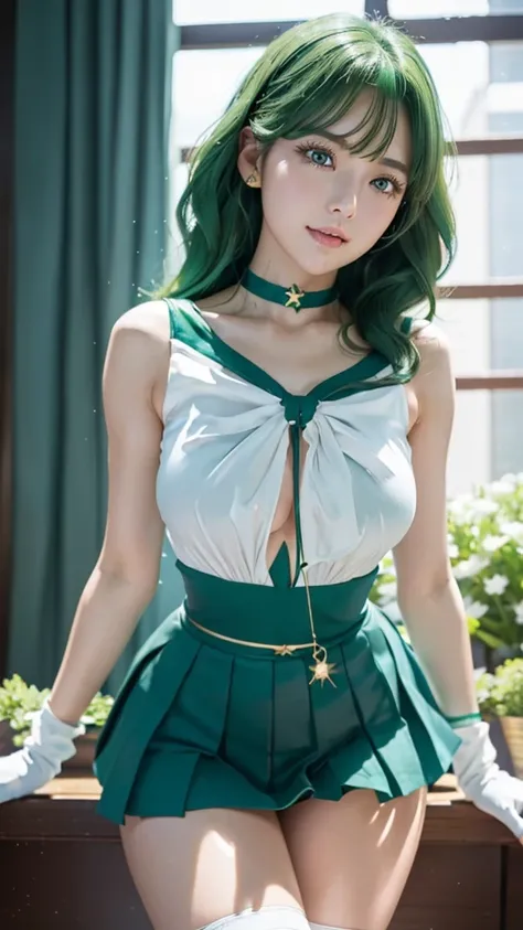 Product quality、***1 person、((6.5 heads))、   cowboy shots, Timo Highlights ,( Young and Beautiful Japanese Woman ),(( Very Beautiful Starry Sky Background :1.3))、with chest and knees 、smile、( Green Sailor Warrior Uniform  )、   Sailor Neptune、ribbon、   Knee...