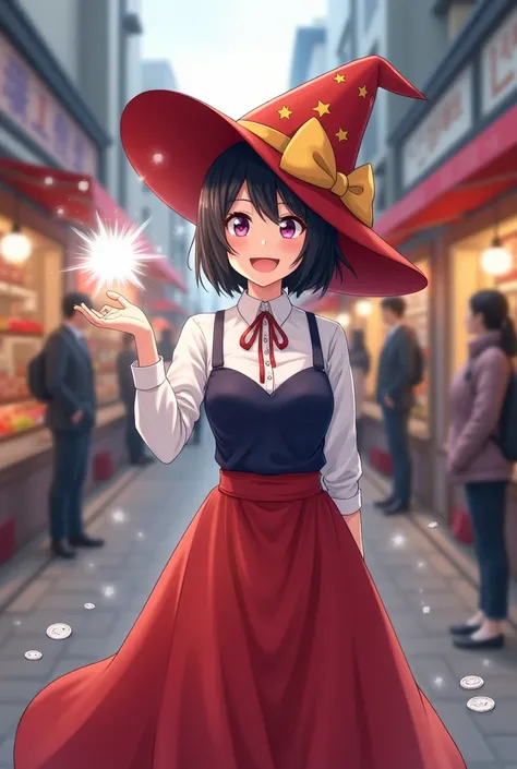  scene of a magician street performer performing on the street

- Red triangular hat, yellow ribbon with star pattern

- Short black hair, cheerful smile

- White shirt, navy blue bustier, bright red skirt

- A pale halo of magical light floats from her ha...