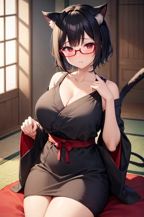  high definition , masterpiece, accurate,  anatomically correct,  best quality,  very detailed , 1 person, Short Hair ,  black hair, Cat ears, Cat tail、Glasses、chubby、Busty、Mature Woman、Yukata、 sexy、 embarrassed 、blush、Red Eye、Japanese-style room、sit