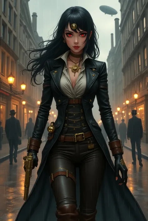  London Street at the end of the 19th century , but with a touch of steampunk .  Think of giant clock buildings with chimneys expelling steam ,  gas lamps casting an orange glow ,  and air ships gliding silently over her head .  cobblestone slippery rain s...