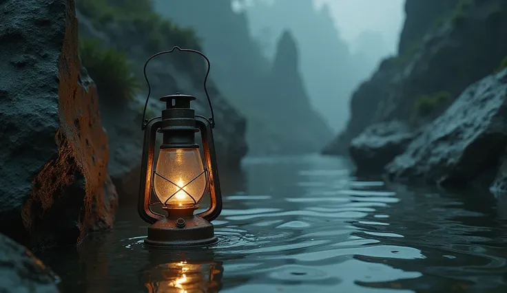  Rusty lantern floating near limousine covered rocks, as water slowly flows around . The weather is bleak ,  with shadows forming mysterious figures on the surface of the river ."