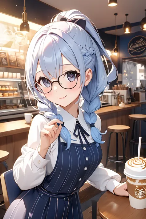 anime re:Zero style, Emilia-style female, height 150cm, black eyes, loose and fluffy, semi-long hair, outfit, light navy blue uniform, background, drinking a cafe latte in a stylish cafe in the morning, glitter, high quality,  8k Ultra HD , anime-style dig...