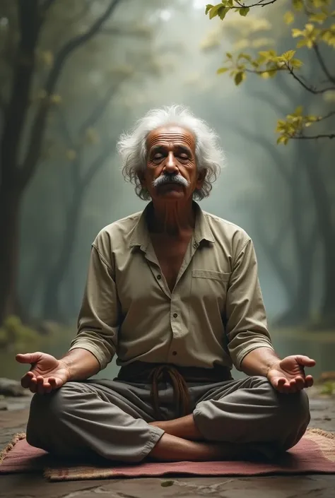 Albert Einstein meditating dressed in yoga clothes