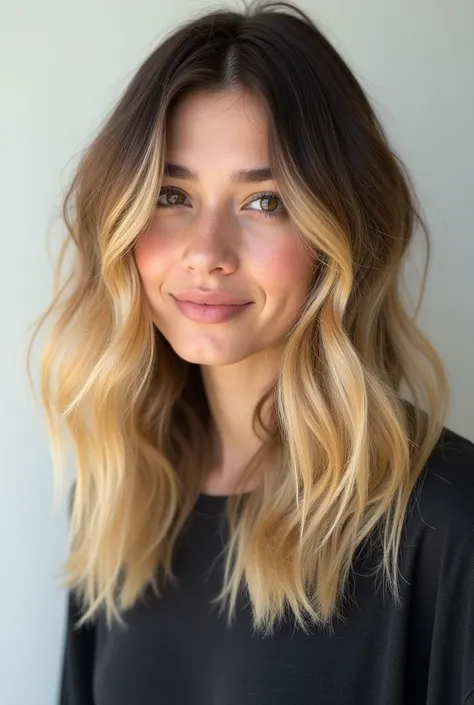 Create an image of a blond American with dark roots ,  the ends of the hair pull the same color as the roots but in a lighter shade