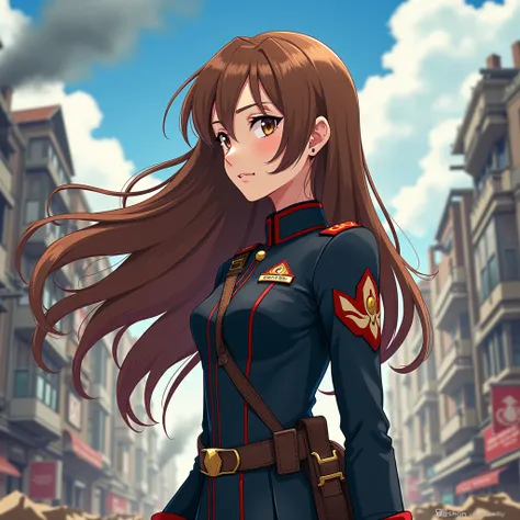 Anime-style profile picture of a female warrior dressed in womens uniform with long brown hair in a war zone