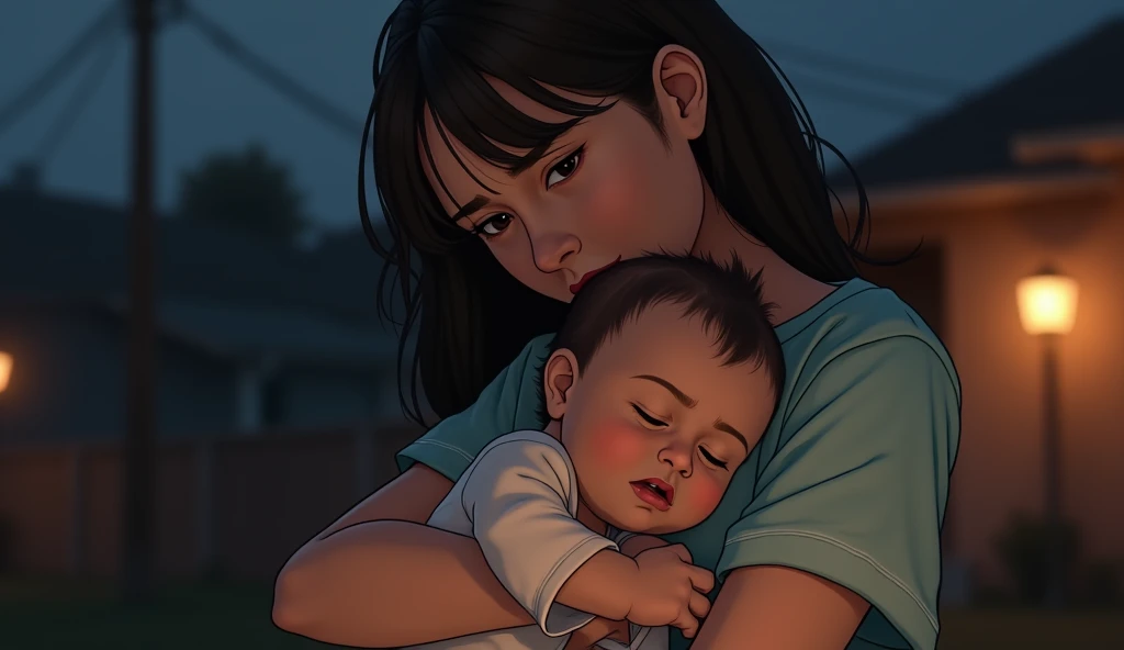 A realistic depiction of a 30-year-old Asian mother holding her 10-month-old daughter in her arms at night. The mother has a tense expression, her brow furrowed, and her posture suggests she’s in a hurry. She is wearing casual nightwear, and her slightly d...