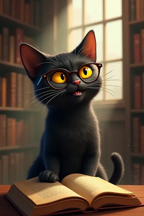 Black cat with glasses leafing through a book and laughing 