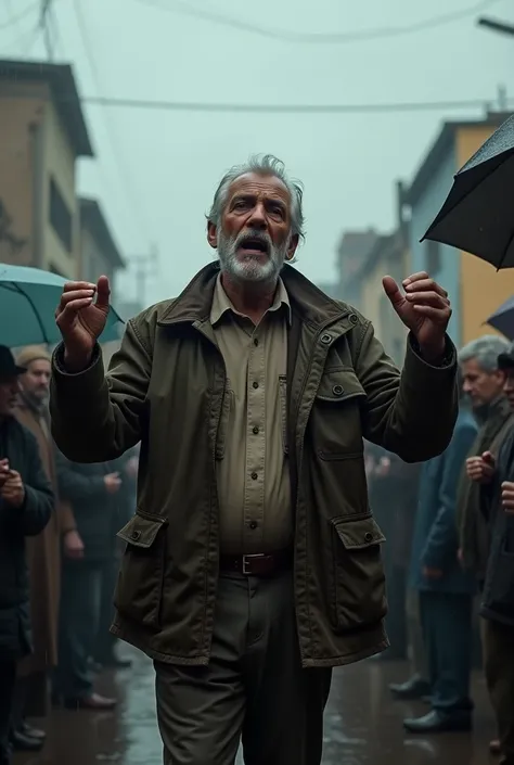 Middle aged man preaching and being rejected by people on a cold and rainy morning in Ecuador