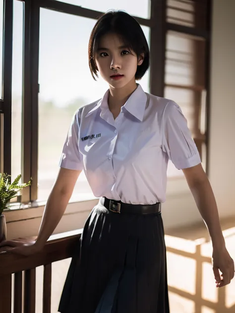 (photorealistic:1.4),Best quality, masterpiece, ultra high res, raw photo,rim  lighting,(cowboy shot) ,Thai classroom, 1girl,(mathayom uniform),white shirt short sleeves,(black pleated long skirt:1.2),short hair ,dramatic scene , Pretty thai woman short ha...