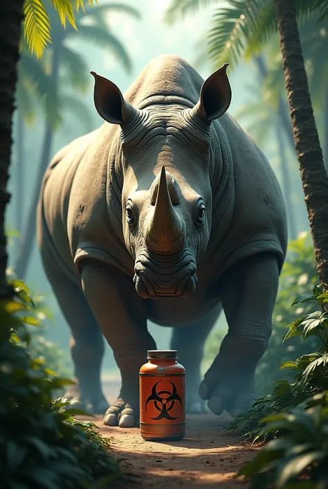 i want to create a pictures  denger rhino open to biohazard box  create a picture with background of jungle 