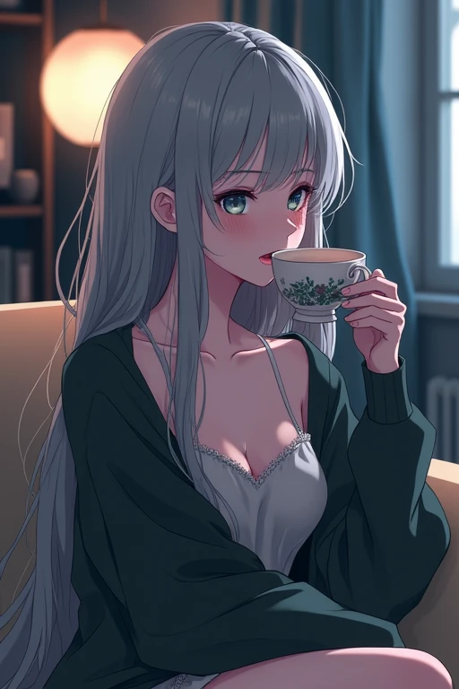  girl、 gray hair long 、 weave a cardigan 、adult、 sexy、 less exposure、 camisole 、Morning、Light pink lip、 anime style、 look more saggy、My face is a little young 、Soft atmosphere 、Eye color is gray、Sit on Sofua 、Shake your head、room、window、Asahi、Smile a littl...