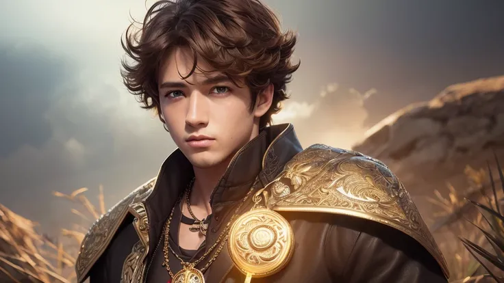 masterpiece, best quality:1.2), masterpiece, high quality, beautiful graphics, high detail, ultra detailed, cinematic lighting, HDR, ilustration, Man design, anime 4k, Young man with weak red eyes, brown curly hair, necklace with sun pendant, black clothes...