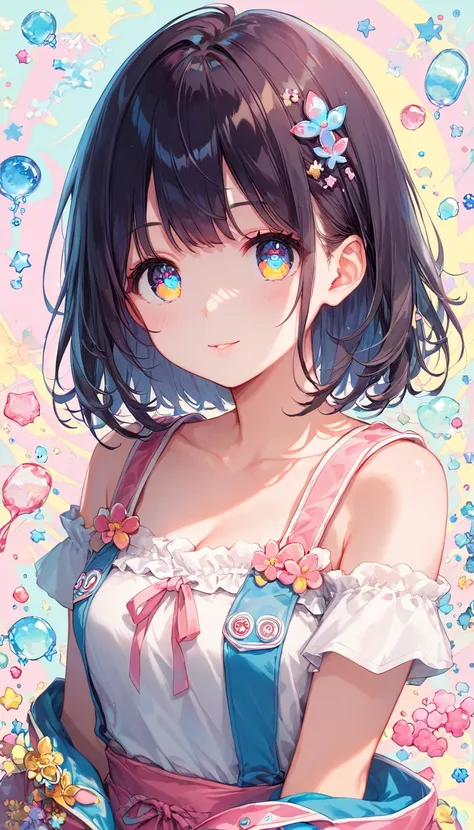 Score_9, Score_8_superior, Score_7_superior,sauce_anime, High-resolution images,masterpiece,Best Quality,girl,Cute face,Beautiful Skin,Shiny Hair,Highly detailed eyes,Pastel color background, Jojipan, 